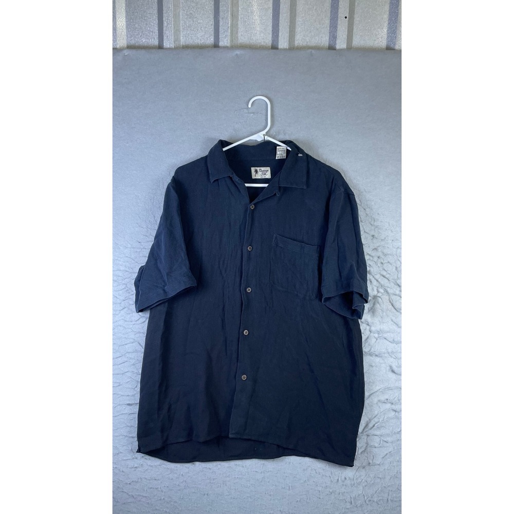 Vintage Silk Button Up Shirt Mens Large Blue Excellent Short Sleeve 100% Silk